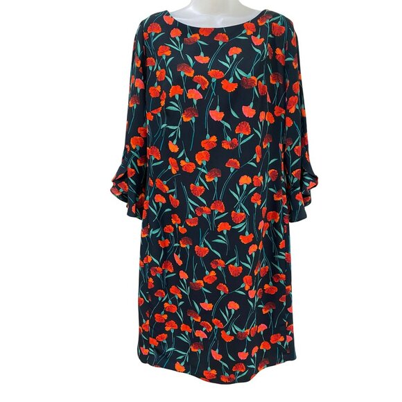 Karl Lagerfeld Paris Black & Red Floral Print 3/4 Sleeve Shift Dress Womens Size - Picture 8 of 10